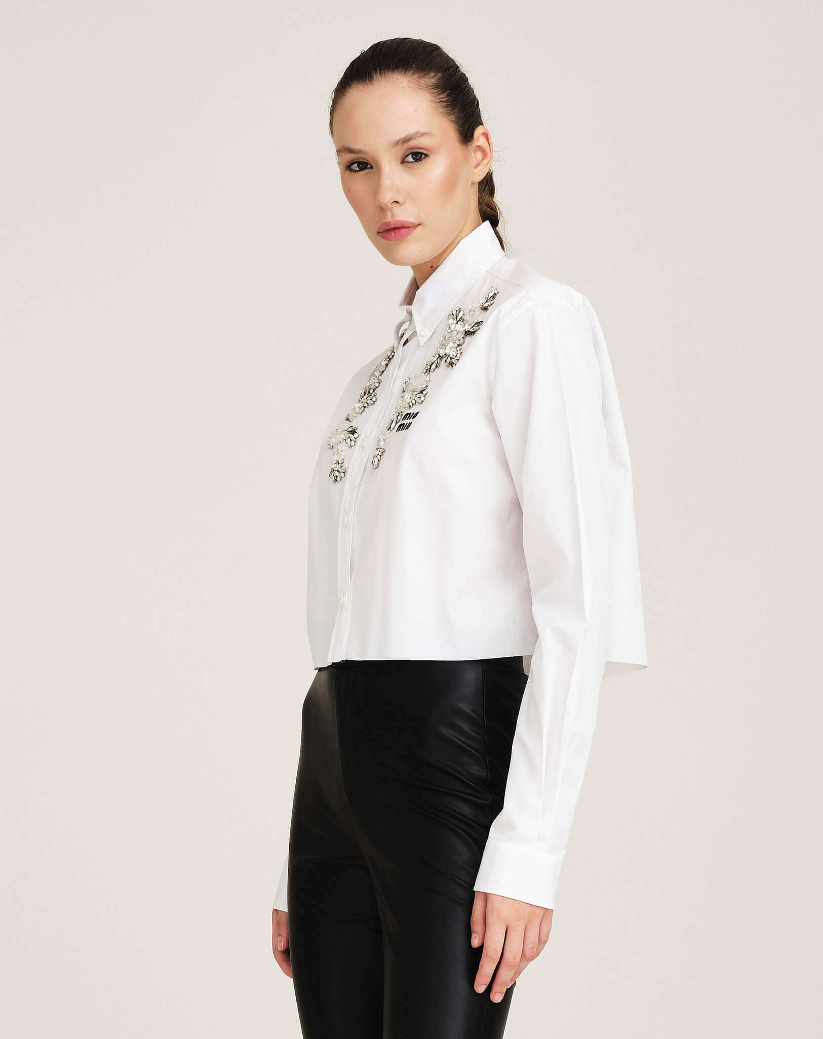 Miu Miu - Cropped Rhinestoned Cotton Shirt 38